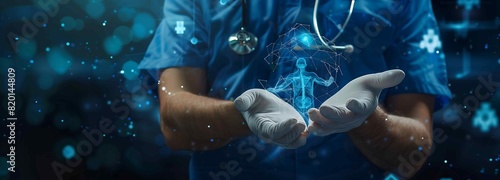 A doctor is holding an xray hologram of a human in his hands