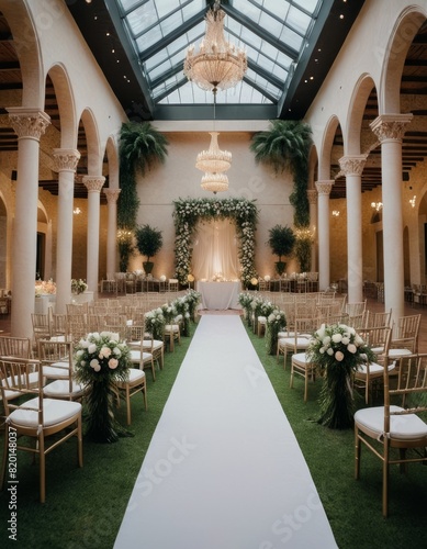 A beautifully decorated wedding aisle, framed by lush floral arrangements and grand chandeliers, awaits a ceremonial walk beneath an ornate glass ceiling.