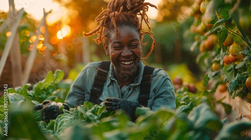 In the serene early evening, a joyful Black female farmer in her 30s showcases her self-sufficient farm with harvested vegetables