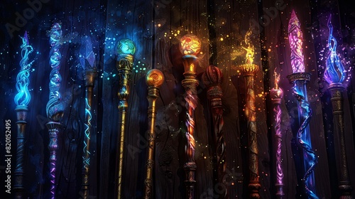 Close up view of magic wands wielded by sorcerers and witches placed on the dark background emanating magical energy