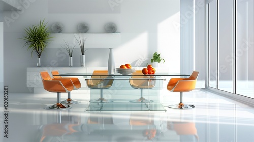 Comedor con mesa de vidrio y sillas naranjas, ambiente moderno y sofisticado
