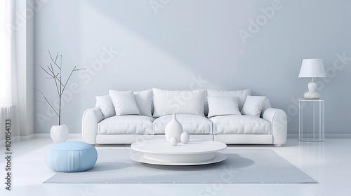 Sala de estar con sofá blanco y cojines azules, decoración elegante y minimalista