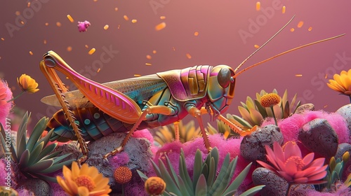 Light purple and amber depiction of a grasshopper on a branch in the intense style of war photography, flowers nearby