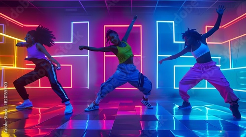 Young dancers in bright outfits showcase their hip-hop moves in a neon-lit dance hall, capturing the vibrancy of youth culture and the rhythm of the music.