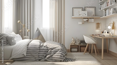 Modern Childrens Bedroom with Striped Bedding, Functional Study Area, Soft Toys, Wall Shelves with Books, Light Grey Curtains, and Plush Floor Rug