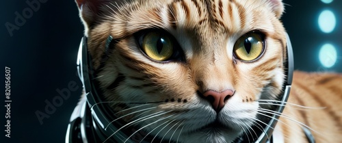 An intriguing portrait of a cat turned cyborg, featuring golden eyes and a futuristic headset, showcasing a blend of animal and technological themes.