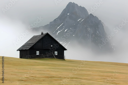 Amidst a vast expanse of tan fields, a lone black shack rests quietly, framed by the imposing silhouette of a large mountain in the background, creating a stark yet harmonious contrast