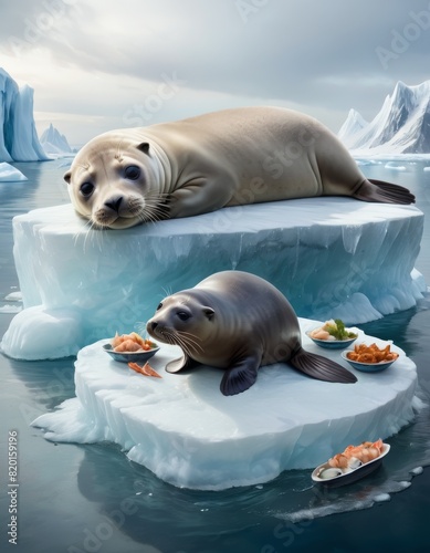 Two seals lounge on an icy platform, one of them enjoying a platter of assorted seafood, with a serene Arctic backdrop.