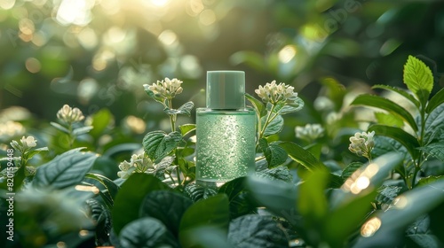 Fresh mint scented deodorant can with a burst of fragrance in a lush forest, leaves swirling around, dynamic feel