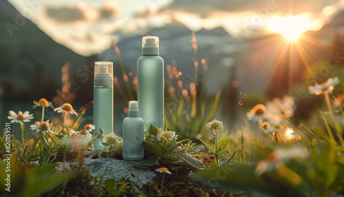 Refreshing mint deodorant in a dynamic spray, outdoors against an energizing sunrise mountain view