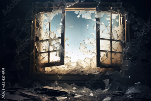 Dramatic view of a shattered window with fragments suspended in air, showcasing a clear blue sky beyond.