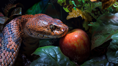A visually compelling close-up photograph capturing the tension and drama as the snake tempts Eve with an apple in the Garden of Eden