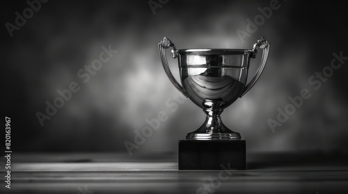 A silver trophy cup presented in monochrome style, centered with a blurred background, symbolizing achievement and success