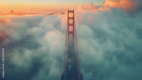 Golden Gate Bridge at dawn, embraced by fog cascading into the bay, seen from above