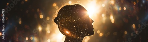 Silhouette of a person's head with a cosmic, star-filled background, symbolizing thoughts, dreams, and the vastness of the universe.