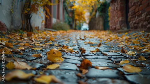 An alleyway during autumn with leaves scattered on the cobblestone path.