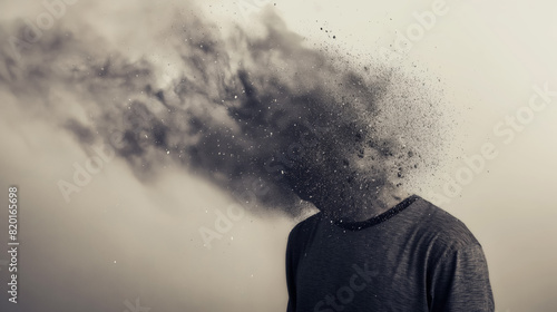 Surreal man's head dissolving into particles, symbolizing disintegration or losing oneself