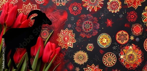 Bakr Eid celebration with red tulips, vibrant Islamic patterns, and goat silhouette, left side copy space, minimalist and modern, Eid ul Adha greetings,