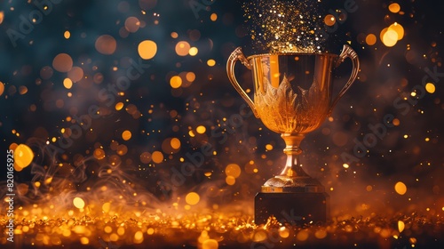 A glittering trophy cup surrounded by sparkling confetti and bokeh lights, conveying a sense of achievement and celebration