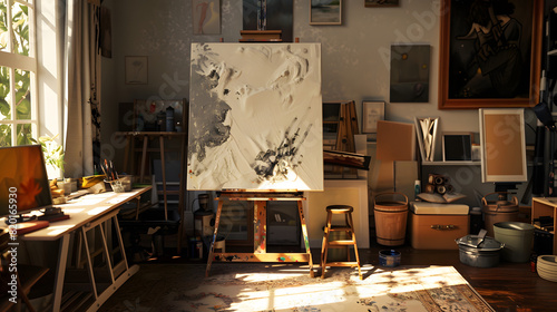 An artists retreat man cave with a studio space canvases paints and a relaxing area to draw inspiration.