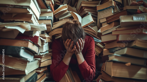 Person overwhelmed with stress, sitting with their head in their hands, surrounded by towering piles of books