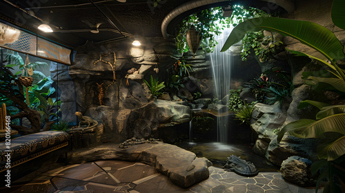 An exotic animal lovers man cave with themed decor a small indoor waterfall and habitats for various reptiles.