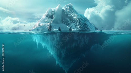 Majestic iceberg rises above and below tranquil water, revealing its colossal hidden foundation in a brooding, atmospheric setting