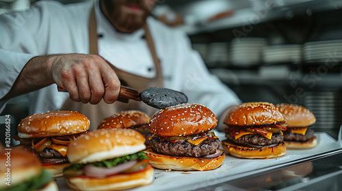 Chef flipping burgers in a high-end food truck, realistic style, focused and professional
