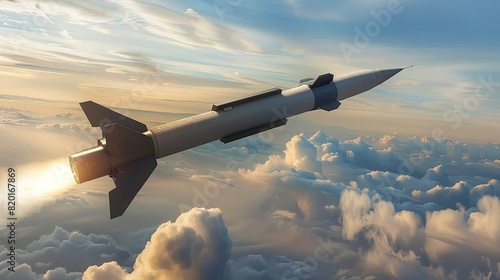 An intercontinental ballistic missile flies above the clouds. Tactical nuclear weapons. Air attack. Illustration for varied design.