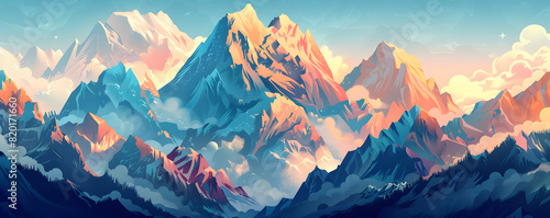 Sunrise in mountains. Colored mountain range illustration. Blue and orange mountain silhouette. 