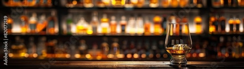 A classic presentation of Japanese whisky in a fine glass, on a dark wooden bar, with a blurred background of bar shelves filled with bottles