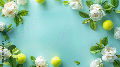bright bright bright bright Copy space, space for text light pastel Ocean Whisper background with a frame of Gardenia, tennis balls