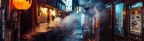 An atmospheric shot of a Japanese alley at night, lined with ramen shops, capturing the steam and neon lights, inviting a culinary adventure