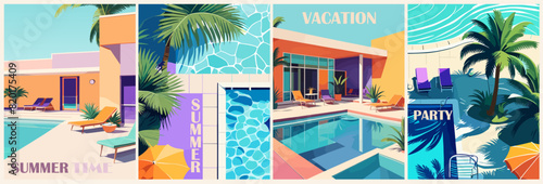 Set of summer posters in retro style with a pool, colorful buildings, palm trees. Summer time, vacation digital prints, cover template. Vector illustration.