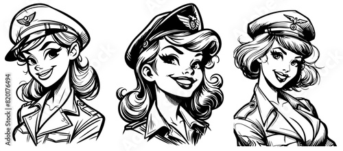 military aircraft pilot, captain pin-up girl illustration, adorable beautiful woman model, comic book cartoon character, black shape silhouette vector decoration printing