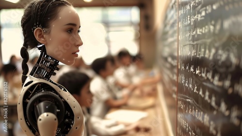robot standing front blackboard female cyborg japanese young classroom princess