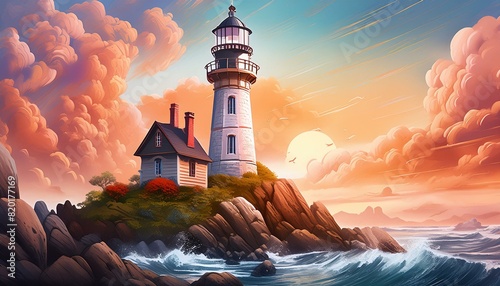 A detailed lighthouse standing tall on a rocky cliff during sunset, with warm hues of orange 