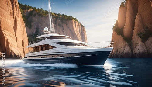 yacht in the sea. A detailed yacht navigating near rugged cliffs with intricate rock textures and a clear,