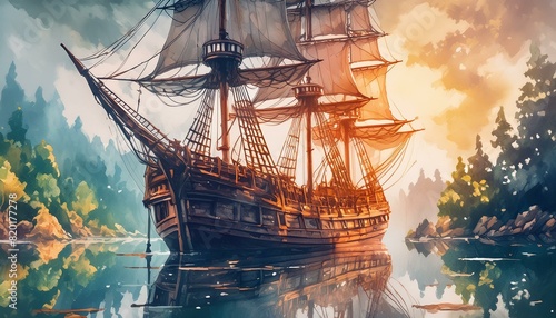  A detailed, historical tall ship docked in a quiet harbor with intricate rigging and wooden