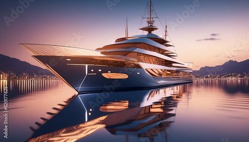 A luxury yacht hosting a party at dusk, with soft ambient lighting and reflections on the wa