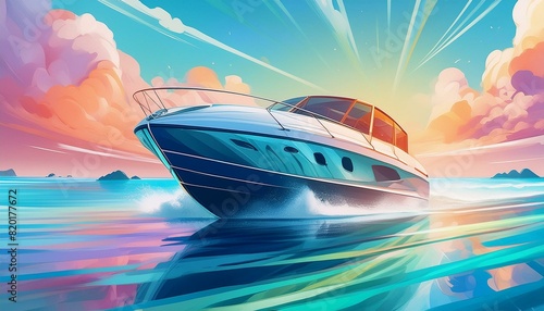  A modern motorboat speeding through calm, clear waters with a sleek design and smooth wake