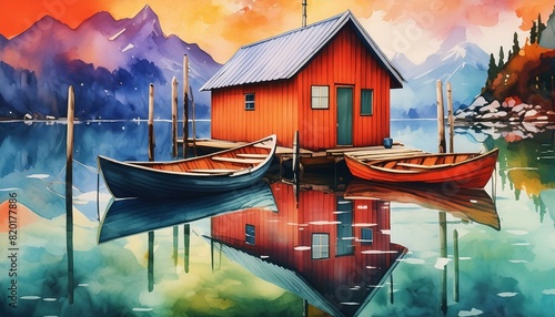  A small boathouse with boats tied up along the dock, reflected in the still water. 