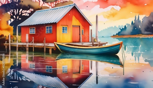  A small boathouse with boats tied up along the dock, reflected in the still water. 
