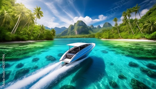  A speed boat gliding through clear tropical waters, surrounded by lush greenery and distant