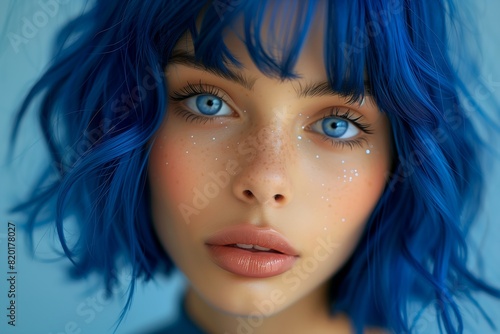 closeup woman blue hair freckles face girl thousand stars short bangs adult library fairy frostbite