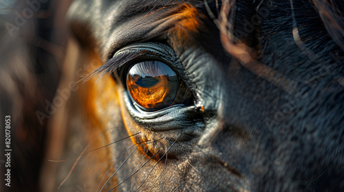Close-up of stallion horse eyes, Eye of Arabian bay horse, Generative Ai 
