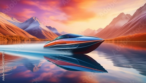  A speed boat speeding across a lake with majestic mountains in the background.