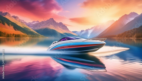  A speed boat speeding across a lake with majestic mountains in the background.