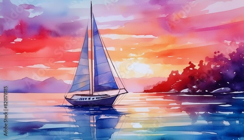 A watercolor painting of a sailboat at dawn with a gentle sunrise, calm waters, and soft