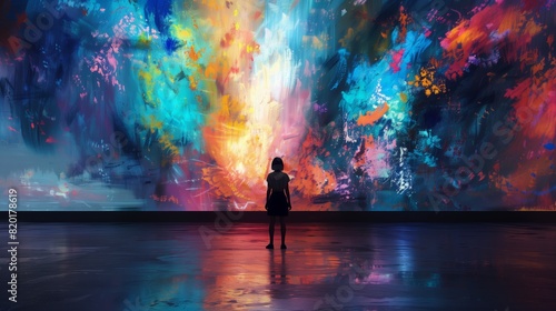 A woman is standing in front of a large, vibrant painting in this scene
